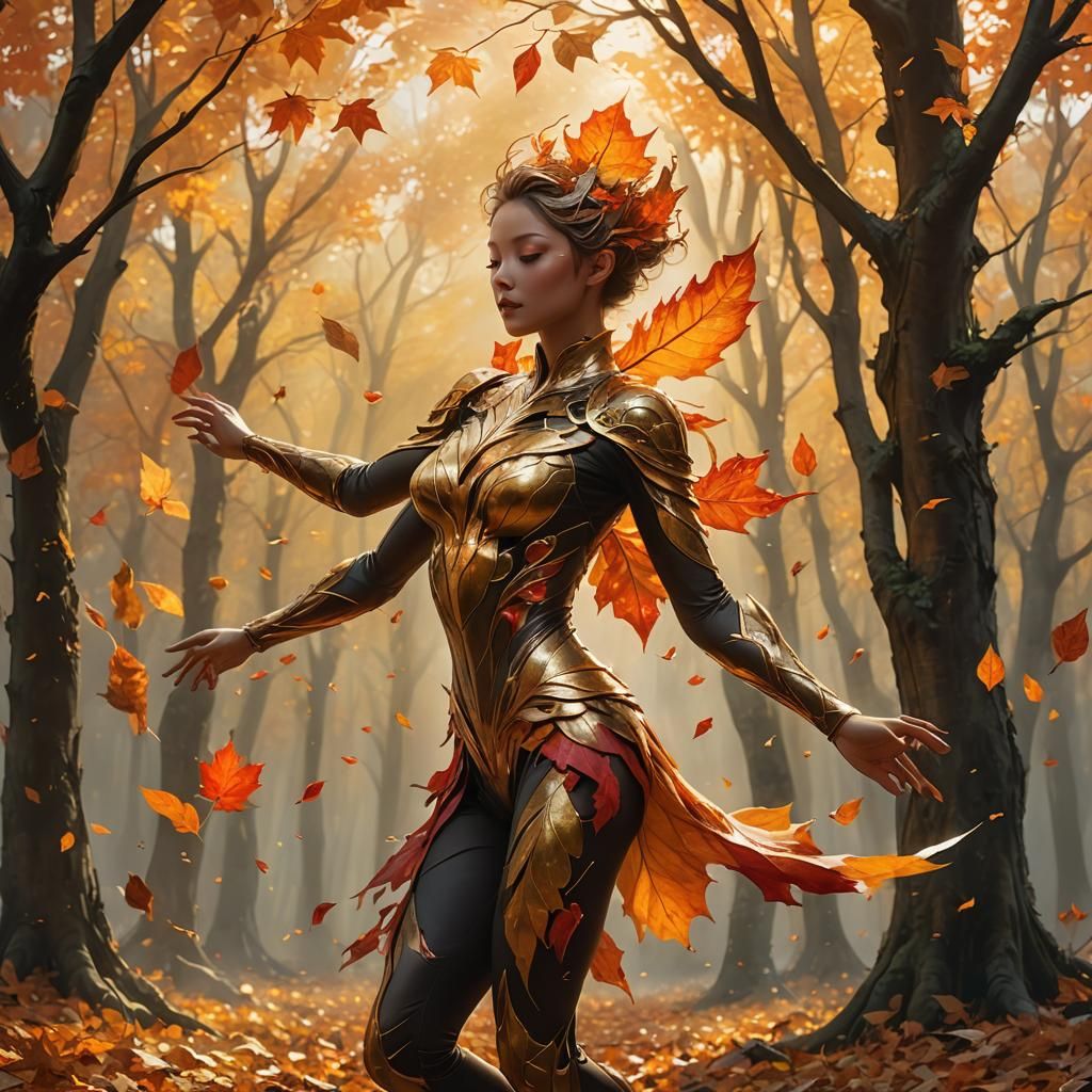 Autumn Leaf Humanoid Dancing in Golden Sunlight