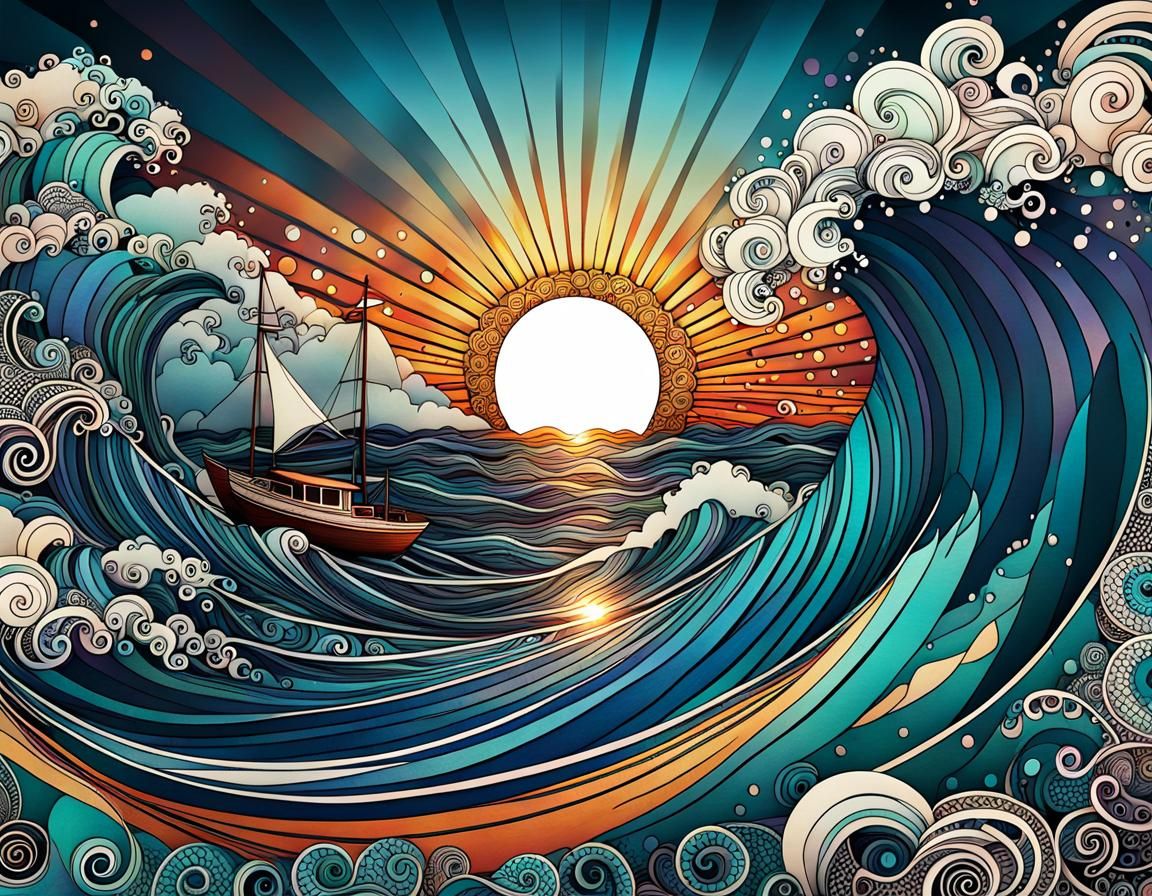 Zentangle Ocean Waves with Sailboat Digital Art