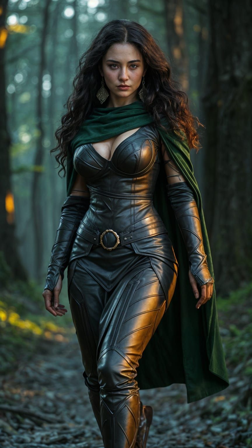 Statuesque Woman Walks Ancient Forest Path