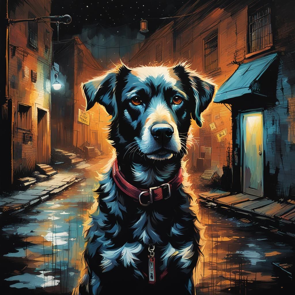 Dog Portrait in Dark Alley, Detailed Night Scene