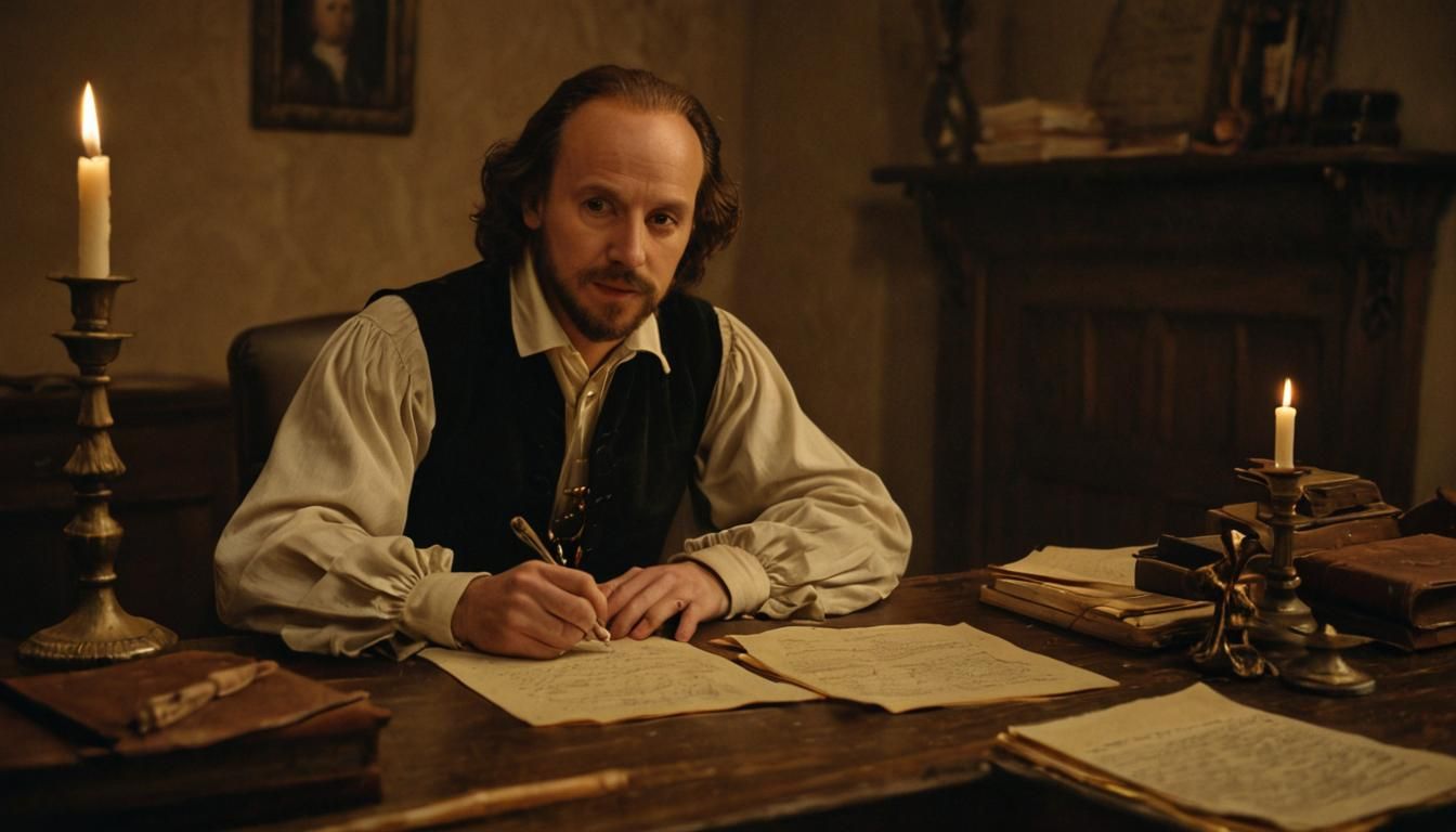 Shakespeare Writing by Candlelight: Cinematic Film Still