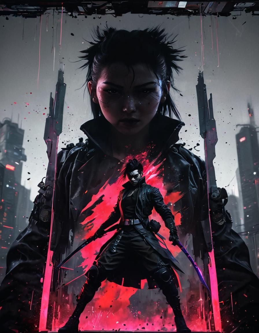 Cyberpunk Swordsman in Brutal Glitch Art Style