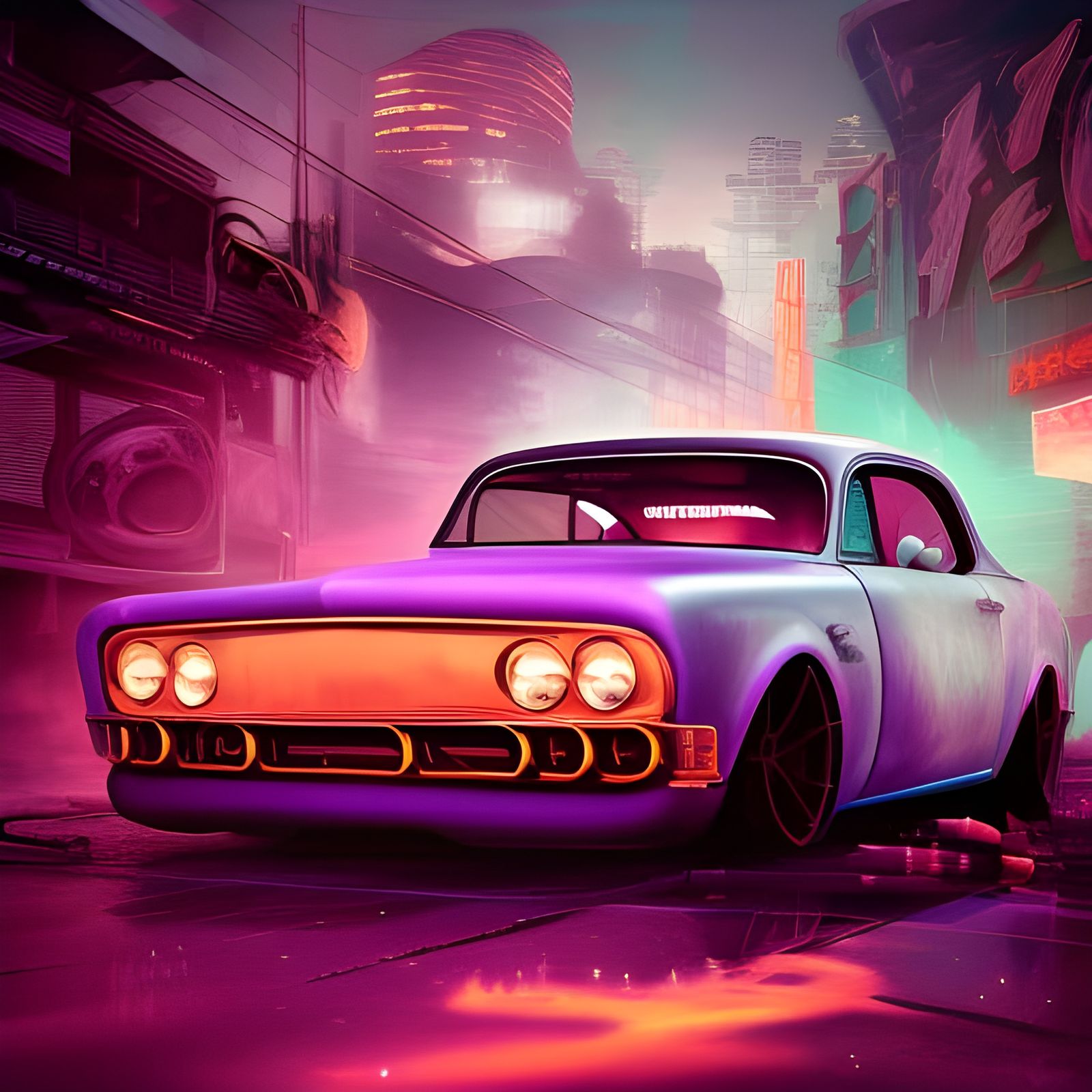Hotrod Car Drives Through Burning Cyberpunk Slum