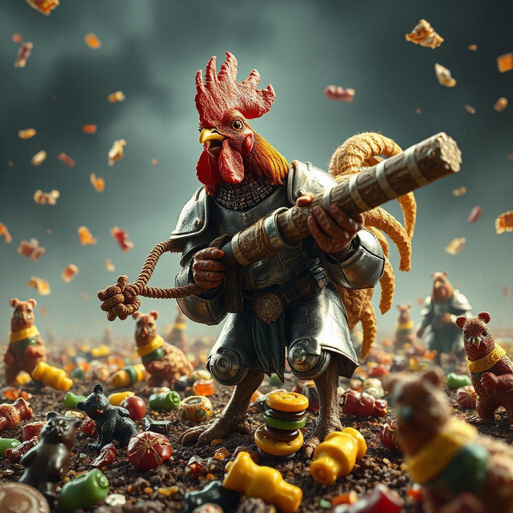 Furious Candy Warrior Rooster in CGI Style