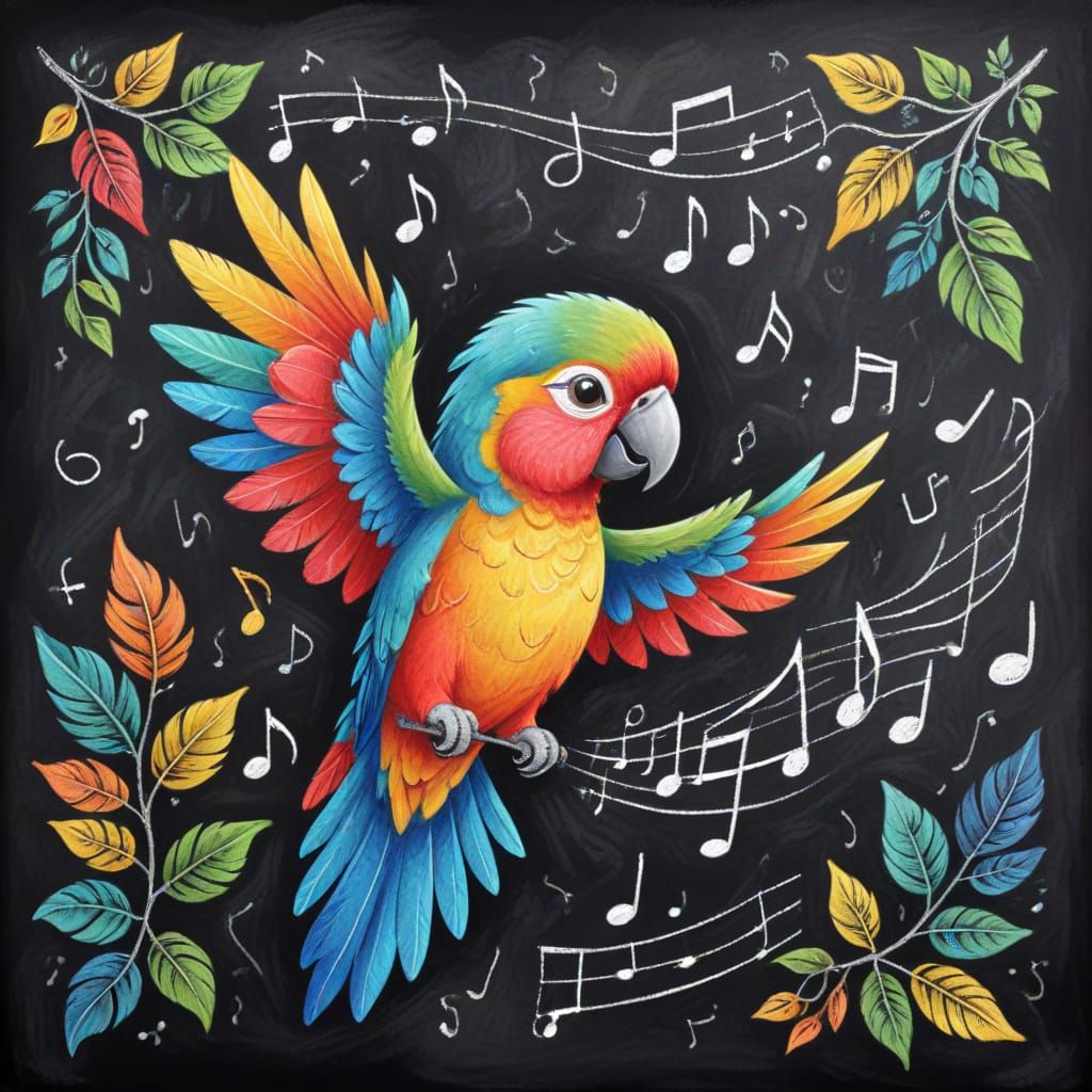 Vibrant Parrot Swings Amidst Musical Notes and Leaves on a C...