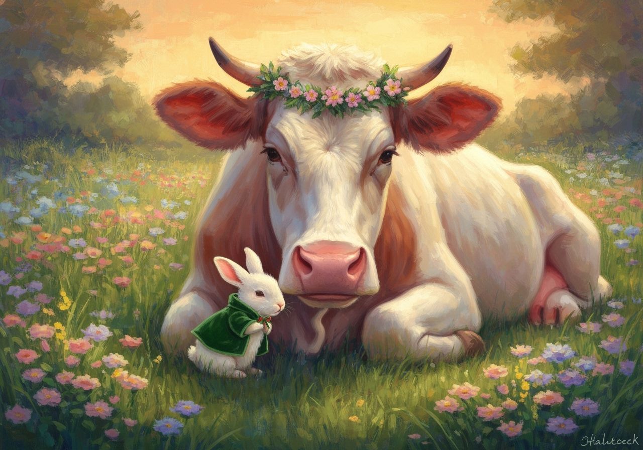 Bunny and Cow in Meadow at Sunset, Impressionist Style