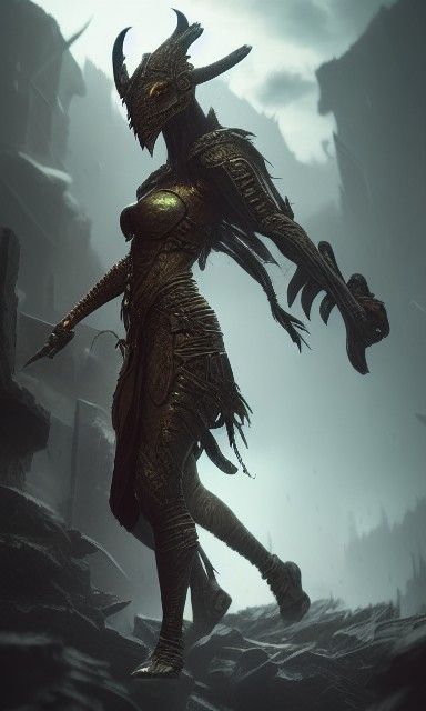 Dragonborn Female Warrior in Dark Fantasy Scene