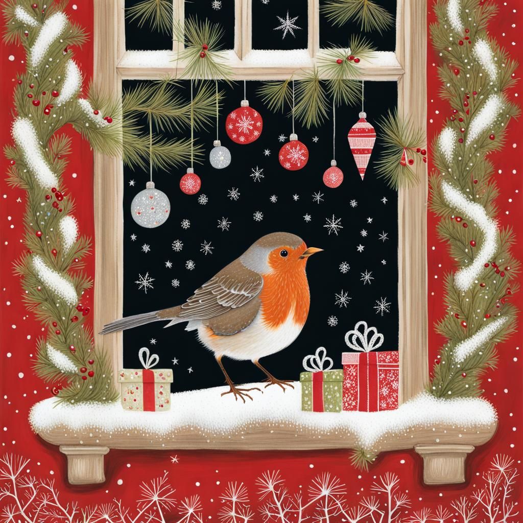Robin in Christmas Window, Intricate Illustration