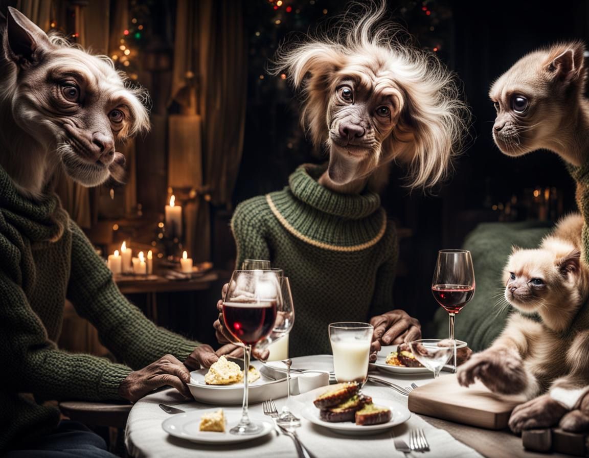 Surreal Restaurant Scene with Happy Alien Celebration