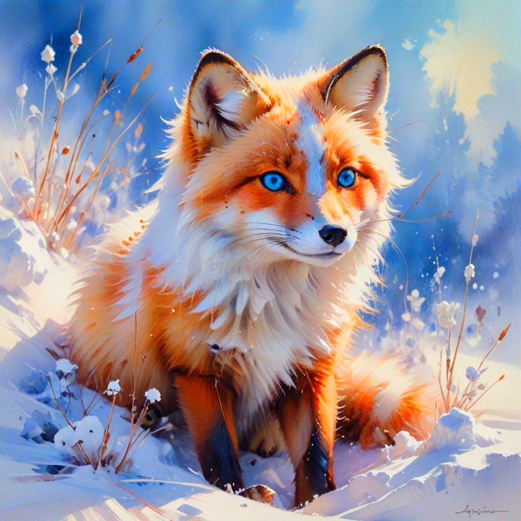 Arctic Fox Kit Peeking From Snow in Watercolour Style