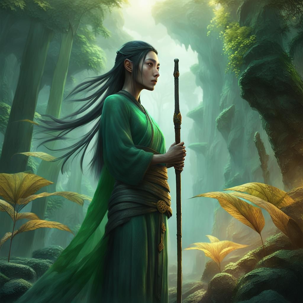 Mystical Half-Elf Monk in Misty Forest Ruins