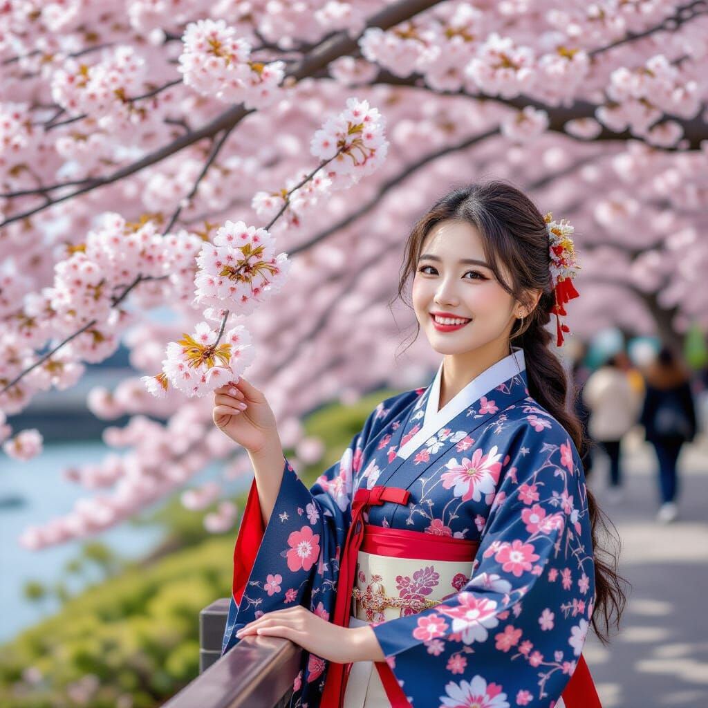 Woman in Korean Attire Poses Amidst Busan Cherry Blossoms
