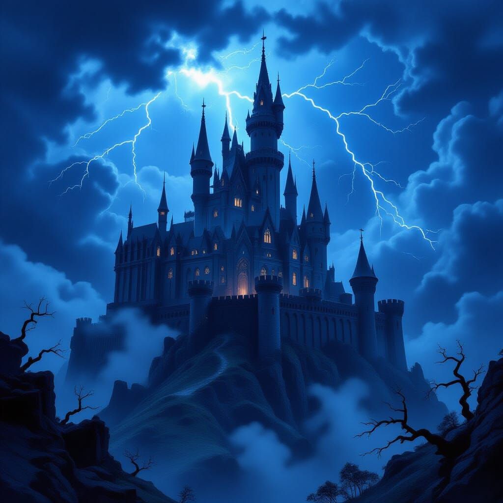 Gothic Castle Silhouetted Against Stormy Sky