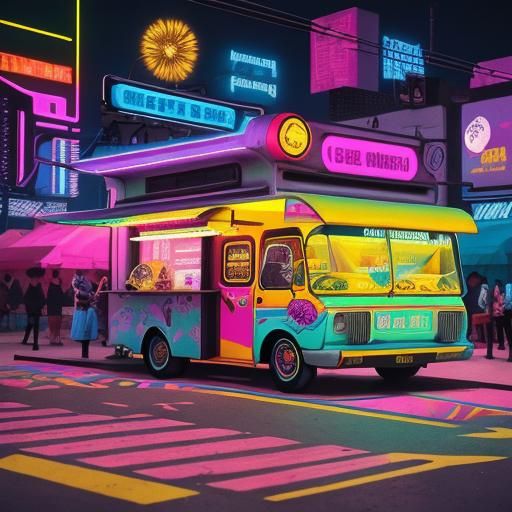 Colorful Food Truck in Cyberpunk Park