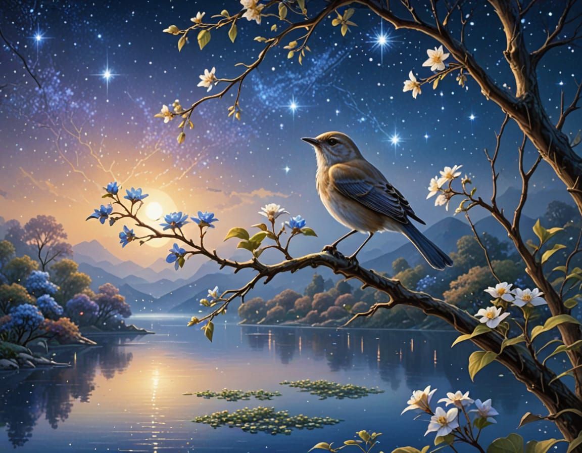 Nightingale's Song: Ethereal Fantasy in Kinkade Style