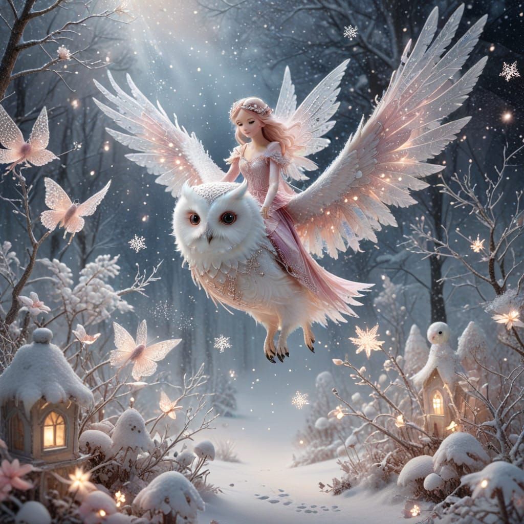 Whimsical Pink Fairy soars on Wings of White Owl through Win...