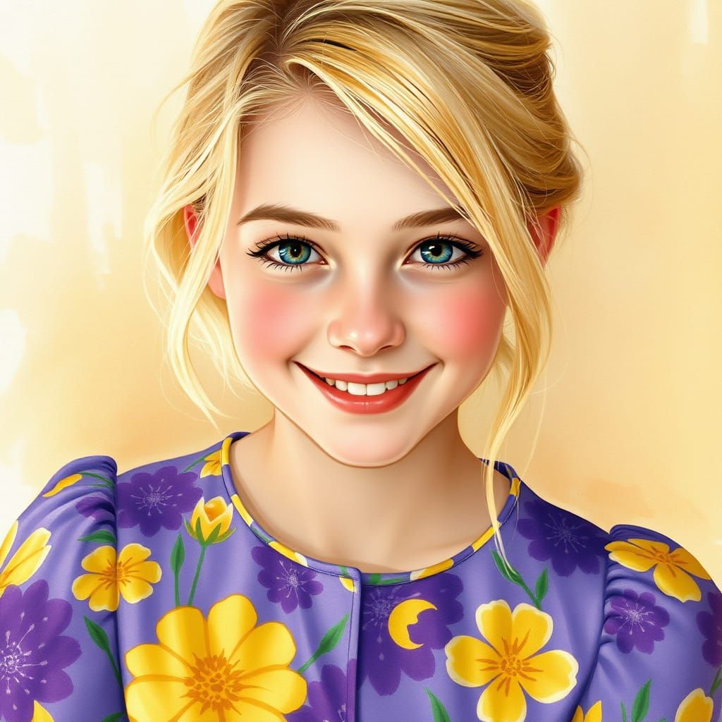 Blonde Woman in Floral Dress, Reminiscent of Impressionist A...