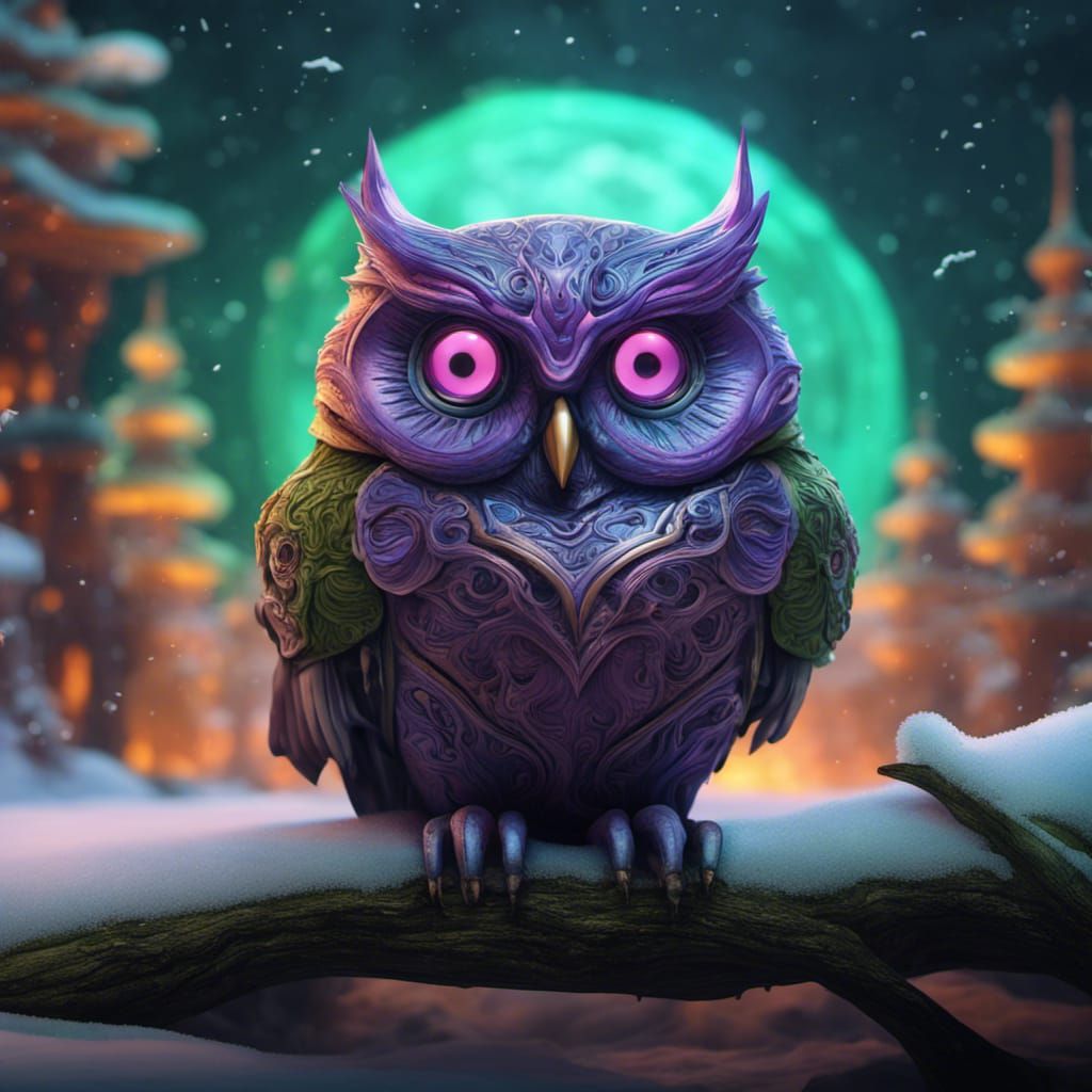 Ornate Owl in Snow: 8K Digital Concept Art