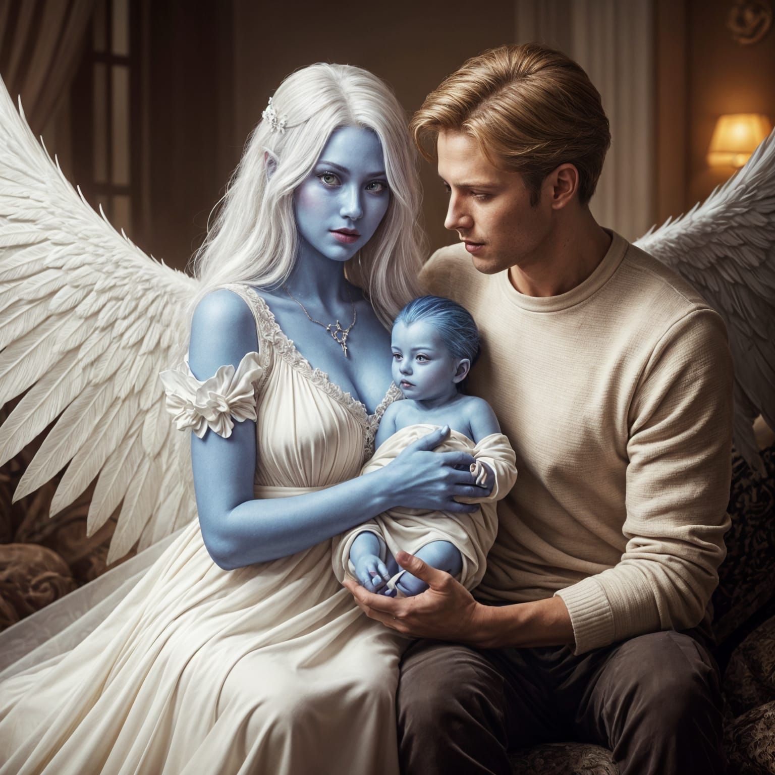 Hyperrealistic Angel Woman with Child Photograph