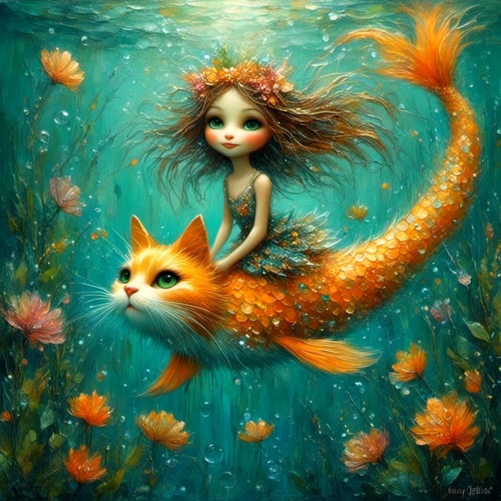 Cat Mermaid in Sparkling Water, Digital Painting