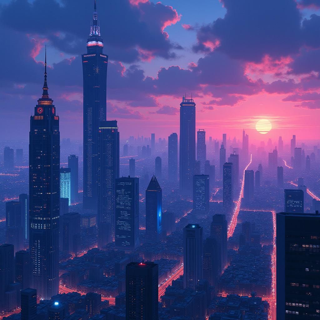 Violet Metropolis Sunrise in Anime Style