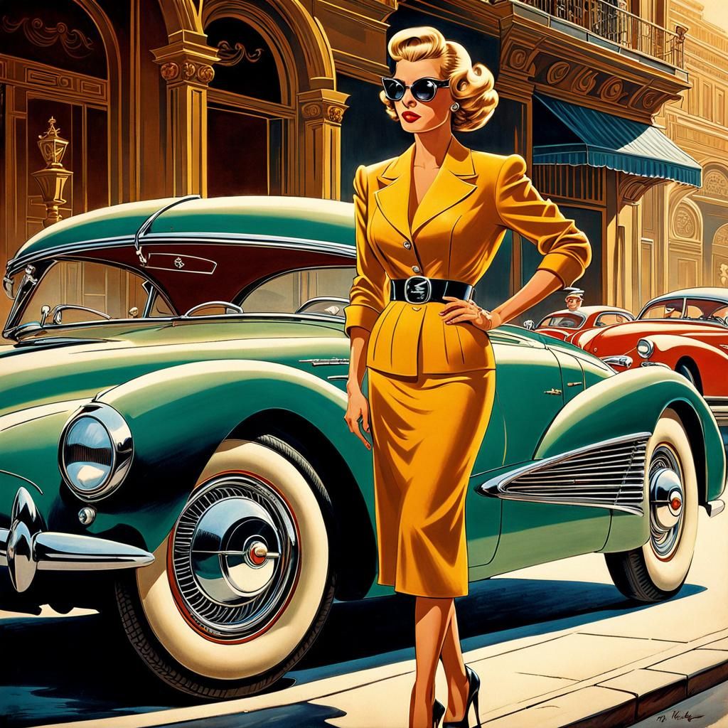 Vintage Sports Car Poster with Beautiful Woman