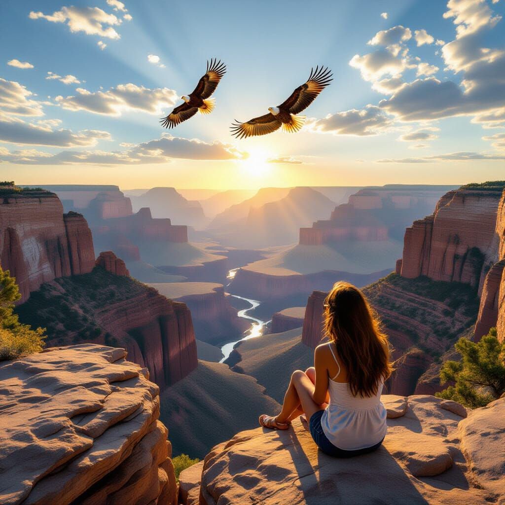 Woman Gazing Over Fertile Canyon in Golden Light