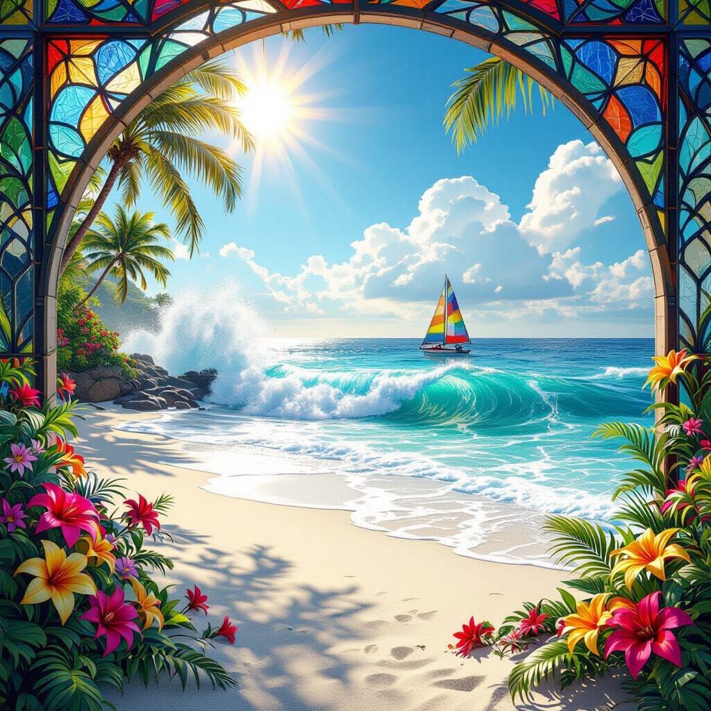 Vivid Tropical Beach with Giant Waves and Sailboat
