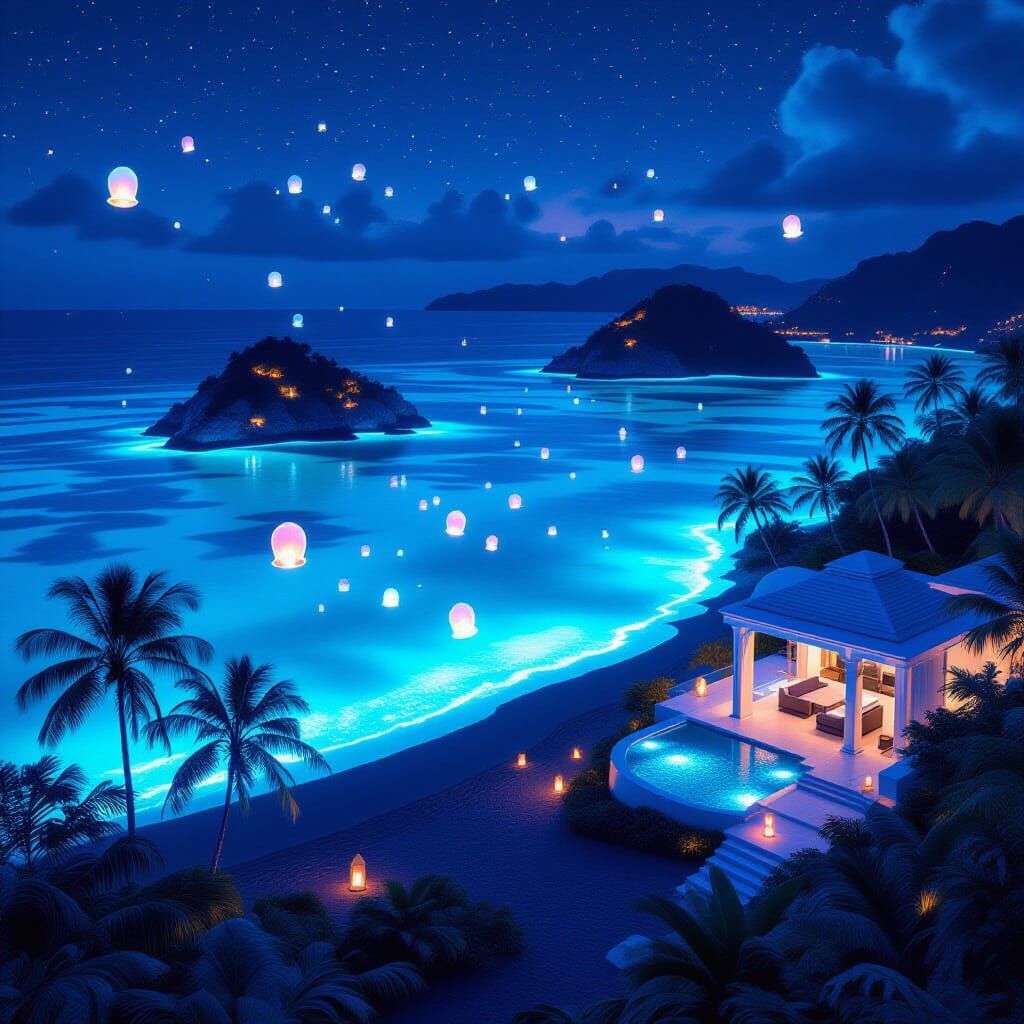 Bioluminescent Tropical Archipelago Under Neon Night Sky