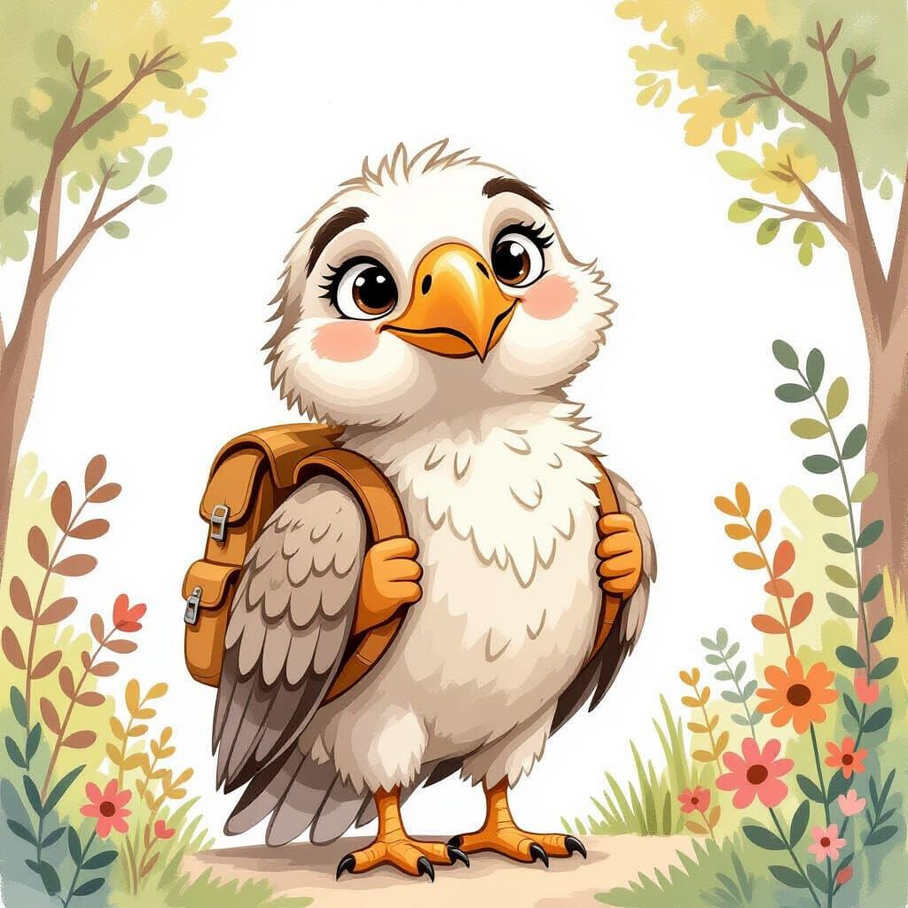 Gentle Cartoon Vulture with Backpack Illustration