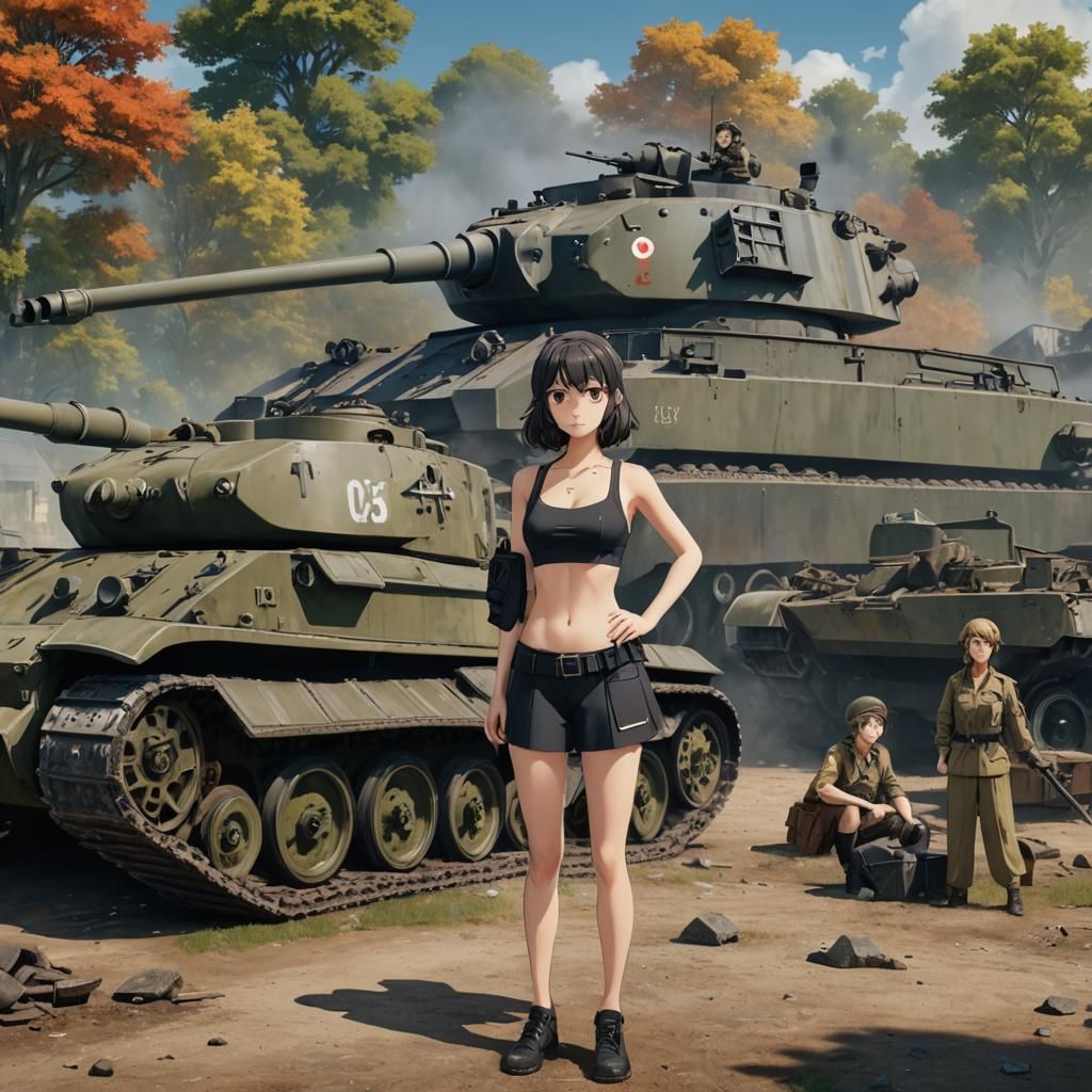 Girls und Panzer wearing high cut bikinis
standing in front ...