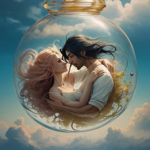 Surreal Romantic Scene with Time in Bottles