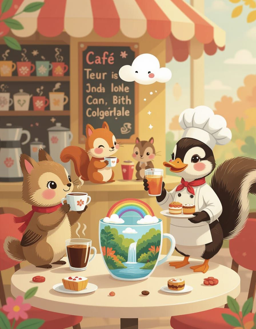 Whimsical Children's Book Illustration of Animals at a Magic...