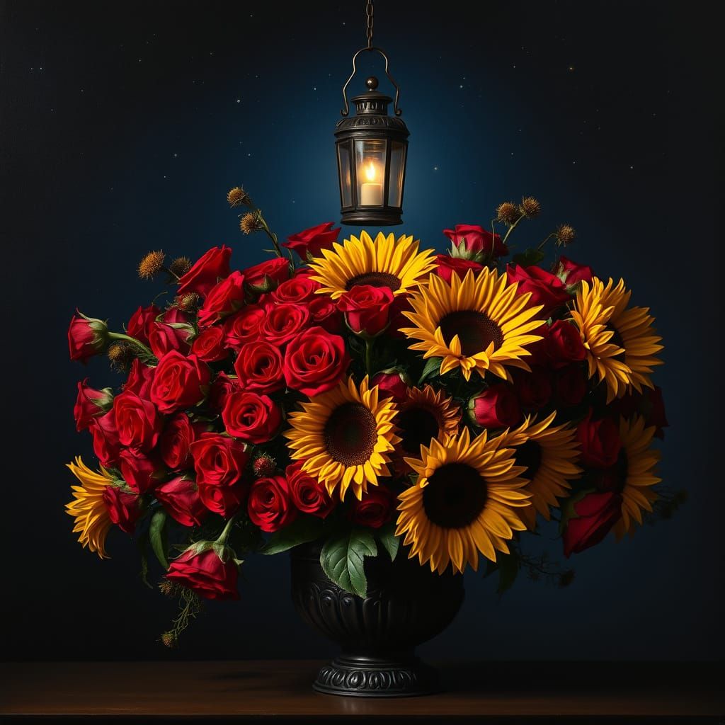 Deep Red Roses & Sunflowers Under Starry Night