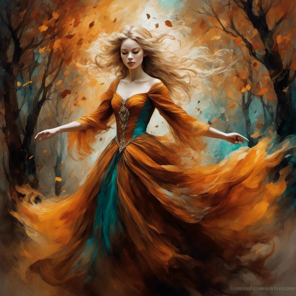 Autumn Witch Casting Spell in Impressionist Style