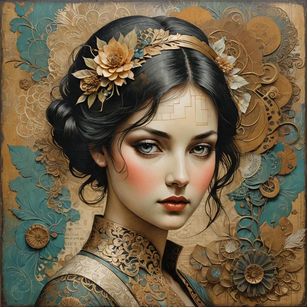 Surreal Decoupage Portrait in Mixed Media Style