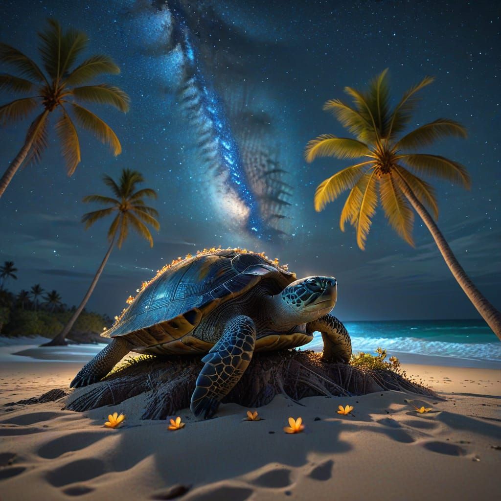 Turtle Laying Eggs Under Milky Way, Photorealistic Style