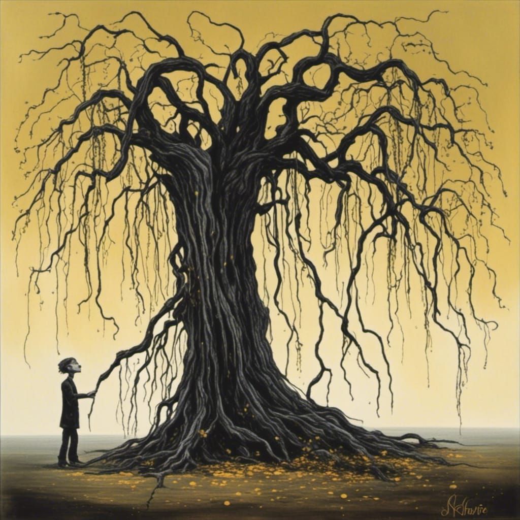 Surreal Weeping Willow Tree with Twisted Ink Style