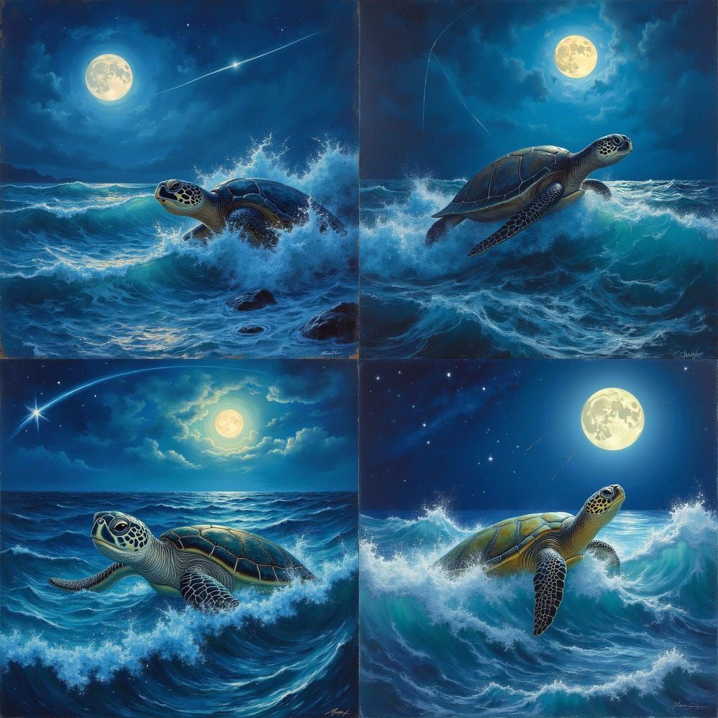 Sea Turtle Under Moonlight: An Oil Painting