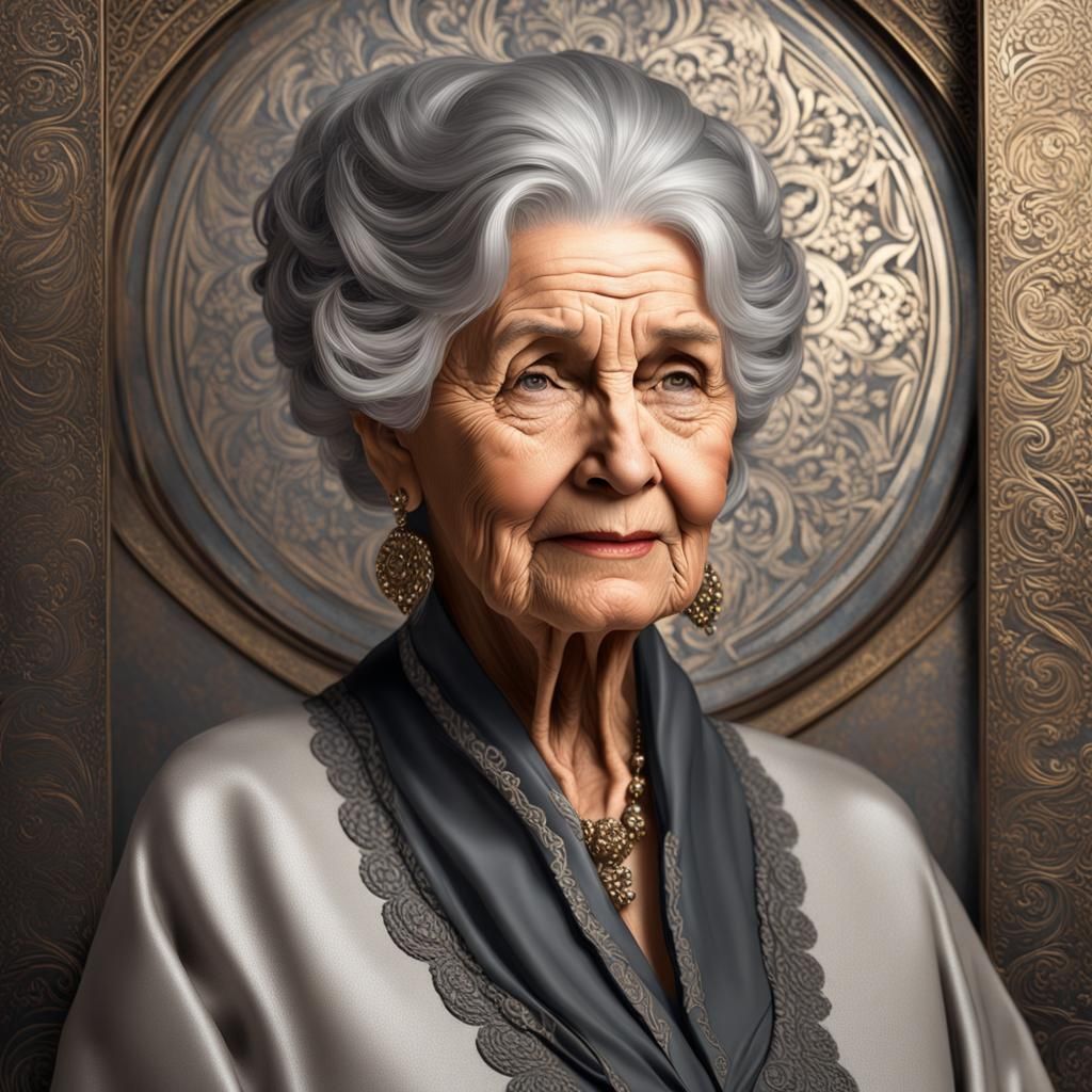 90 year old grandmother with dark grey hair :: happy :: chubby plump elegant beautiful :: dress :: shoulder up portrait ...