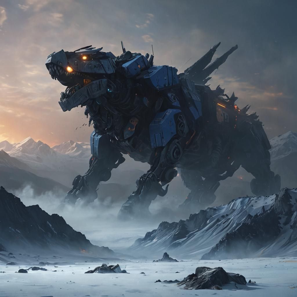 Zoid on Snowy Planet in Atmospheric Oil Painting