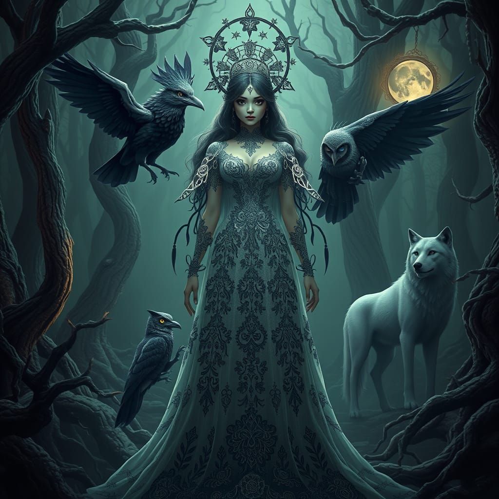 Ethereal Gothic Lady Surrounded by Mystical Creatures in a H...