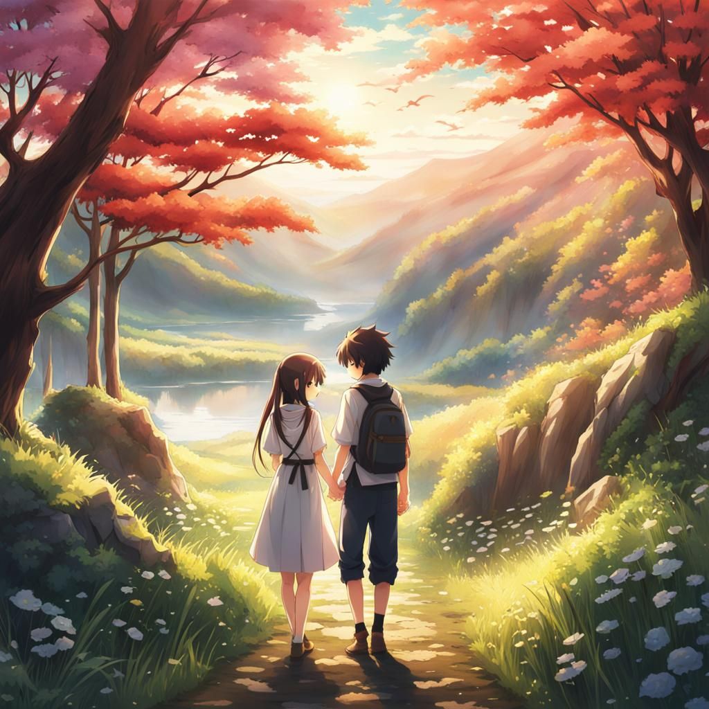 Anime Couple Holding Hands in Nature