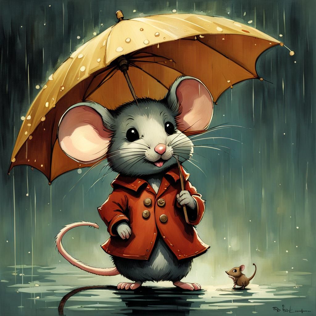 Mouse with Umbrella in Rainy Summer Day