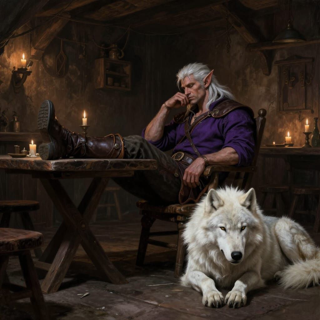 Elf and Wolf in Dimly Lit Medieval Tavern Concept Art