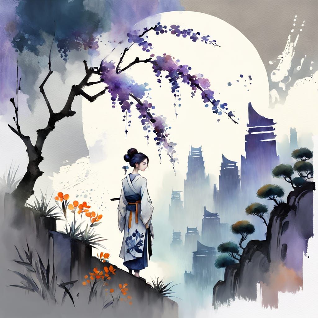 Woman With Architectural Cityscape Hair in Watercolor Style