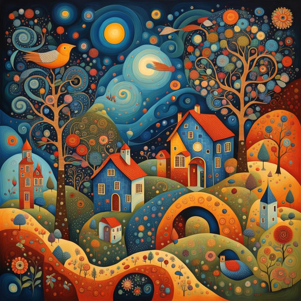 Folk Art with Isometric Abstract in Klimt Style