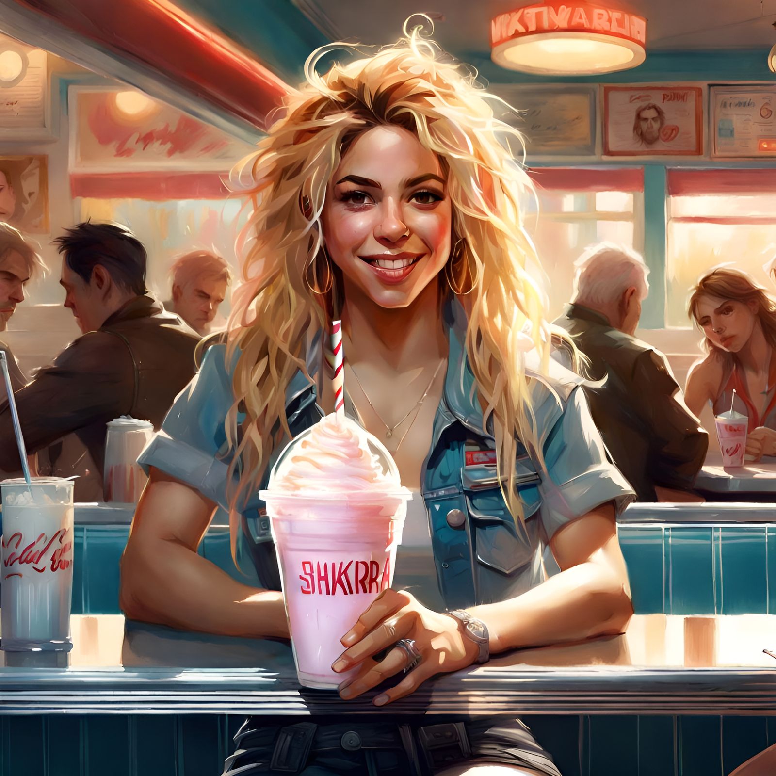 Shakira Portrait with Milkshake in Diner, Detailed Art