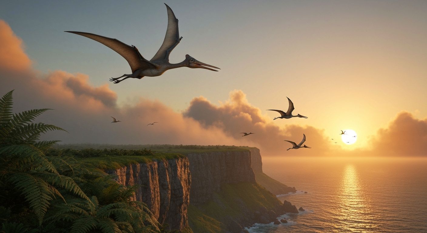 Cretaceous Dawn: Pterosaur in Flight, Photorealistic Renderi...