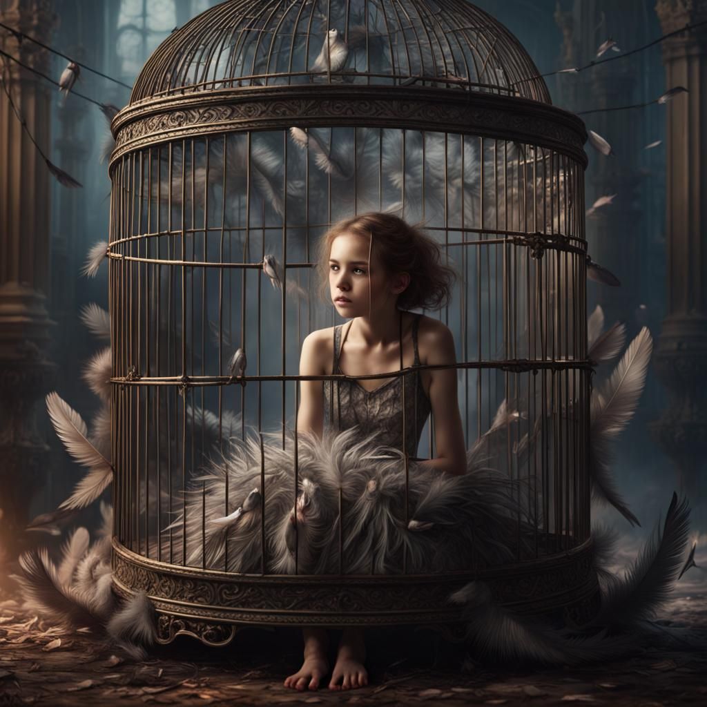 Girl in Birdcage Covered in Feathers